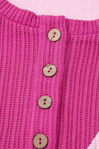 Women's Pink Textured Knit Color Block Long Sleeve Top with Button Neck - Stylish & Comfortable Casual Wear