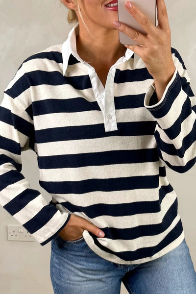 Stylish Women's Blue Stripe Long Sleeve Top with Collar and Patchwork Detail - Versatile Casual Elegance