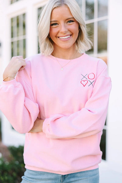 Cozy Women's Oversized Pink Sweatshirt with 3D Ribbed XOXO Heart Embroidery for Casual Style and Comfort