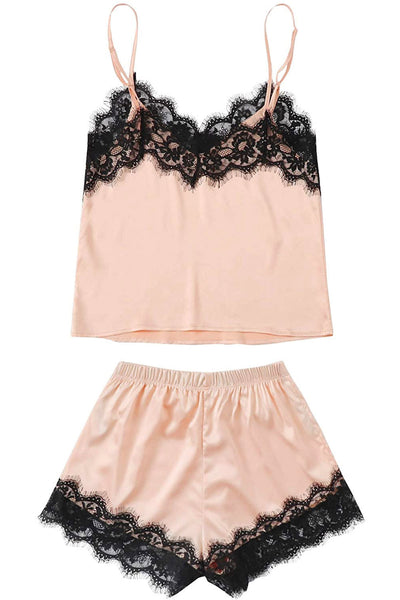 Women's Satin Pajama Set, 5 Pieces, Lace Accents