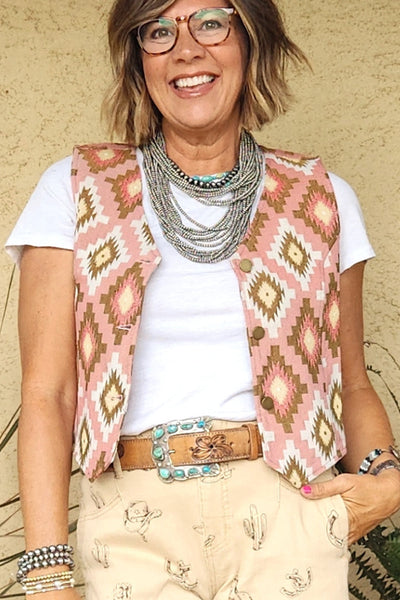 Trendy Women's Pink Aztec Print Cropped Vest - Boho Layering Essential for Spring and Summer Fashion