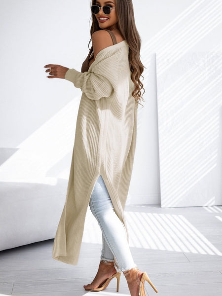Solid Pocket Slit Long Sweater Cardigan