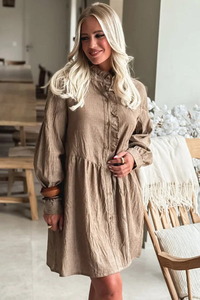 Chic Women's Long Sleeve Khaki Stripe Mini Shirt Dress with Frilled Trim and Button Front for Effortless Style