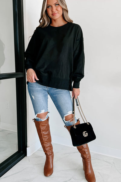 Women's Black Drop Shoulder Sweatshirt with Exposed Seams and Side Slits - Casual, Cozy Fit for Everyday Style