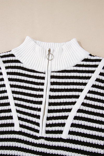 Chic Women's Black Stripe Zip-Up Sweater with Drop Shoulders - Cozy Casual Layering for Every Occasion