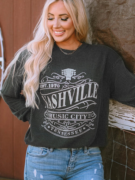 NASHVILLE MUSIC CITY Black Corded Graphic Pullover Sweatshirt