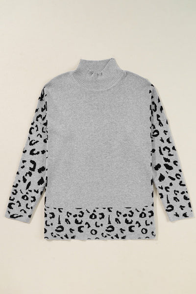 Cozy Gray Leopard Print High Neck Oversized Sweater for Women with Side Slit - Perfect for Stylish Fall Outfits