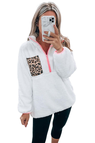 Snow Leopard Half-Zip Fleece Sweatshirt with Patch Pocket