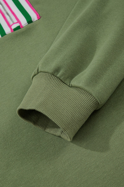 Women's Vineyard Green Contrast Striped Zip Collar Pullover Sweatshirt with Patchwork Design for Cozy Style
