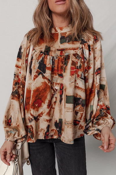 Trendy Women's Multicolor Retro Abstract Blouse with Zip Back and Long Puff Sleeves for Casual Chic Outfits