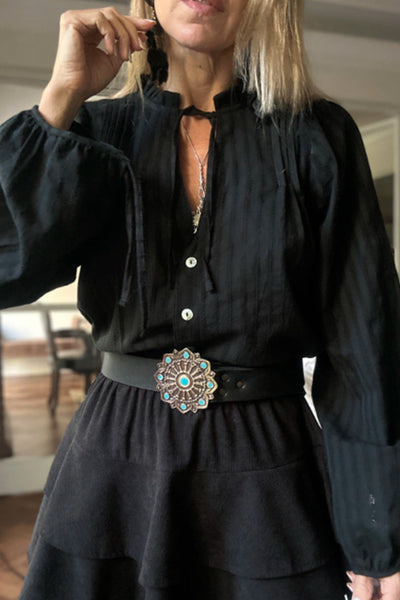 Chic Women's Black Striped Jacquard Puff Sleeve Shirt with Tie Neck - Stylish Comfort for Every Occasion