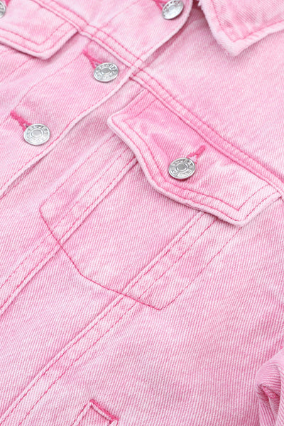 Women's Pink Acid Wash Button Flap Pocket Denim Jacket
