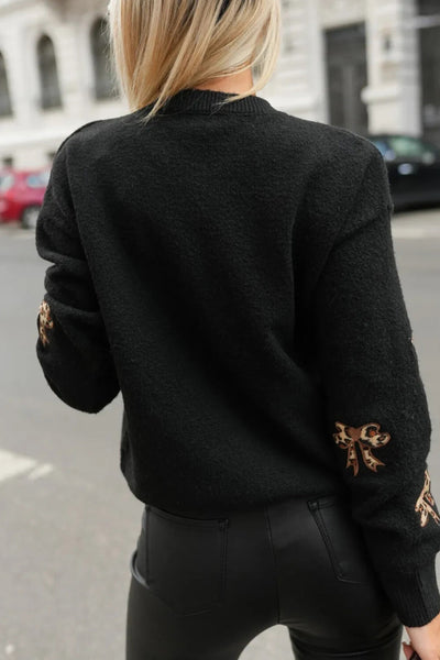 Trendy Women's Black Leopard Print Sweater with Bow Embroidery - Cozy Drop Shoulder Design for Casual Chic Style