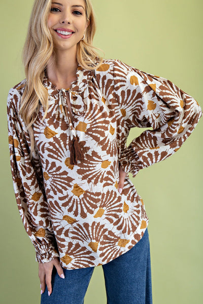 Women's Khaki Floral Print Long Sleeve Blouse with Tassel Tie Neck - Stylish and Comfortable for Every Occasion