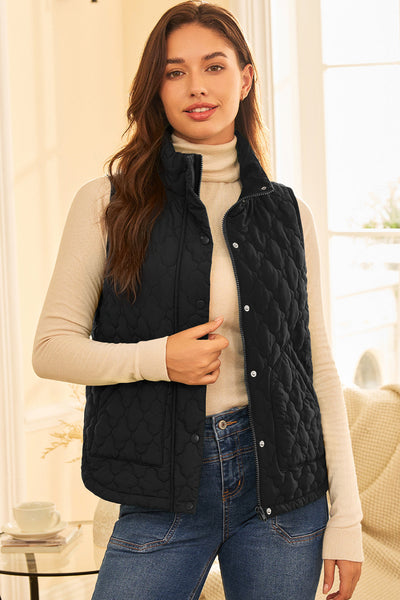 Women's Black Scalloped Quilted Vest with Dual Zip-Snap Closure made for easy styling and wardrobe coordination, with premium-like structure and