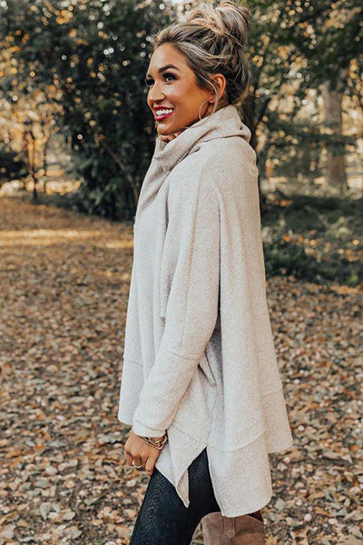 Women's Casual Light Grey Oversized Knit Cowl Neck Top with Drawstring and Side Slits for Ultimate Comfort