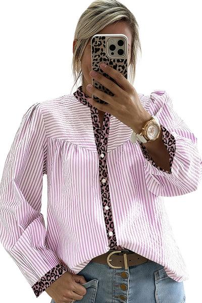 Women's Pink Striped and Leopard Patchwork V-Neck Blouse with practical styling and dependable silhouette control.