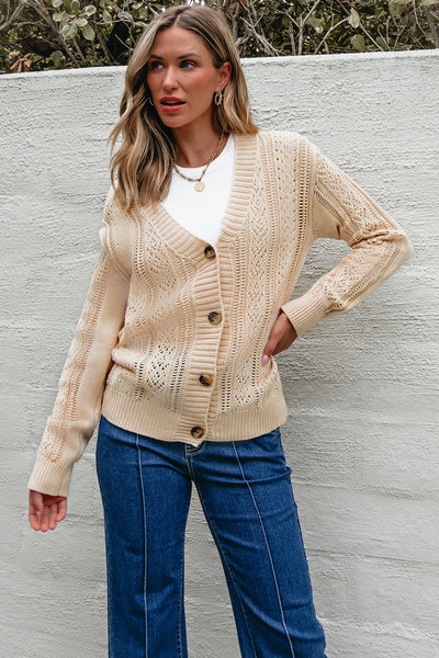 Cozy Beige Open Knit Cardigan for Women - Effortless Drop Shoulder Lightweight Sweater for Stylish Layering