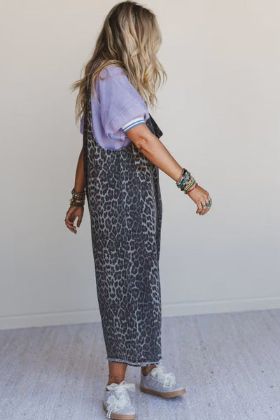 Stylish Women's Gray Leopard Print Denim Jumpsuit with Adjustable Straps - Relaxed Fit for Casual Chic Days