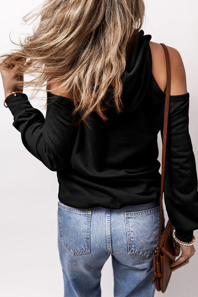 Trendy Women's Black Cold Shoulder Hoodie with Exposed Seams & Adjustable Drawstring for Casual Chic Comfort