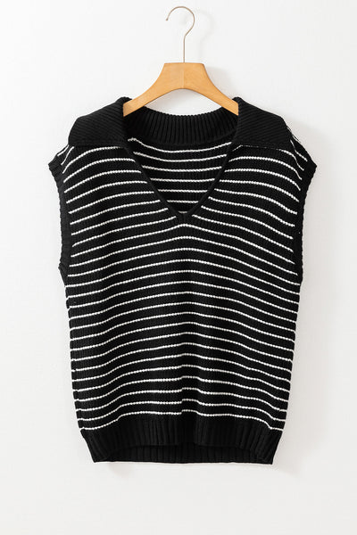 Chic Women's Black Striped V-Neck Sweater Tank Top - Stylish & Comfortable for Effortless Casual Looks