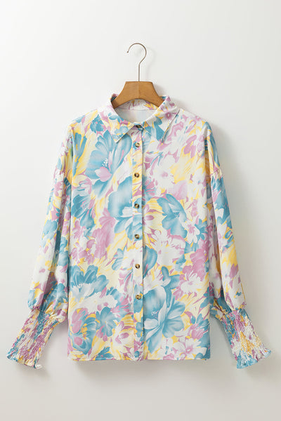 Chic Women's Oversized Yellow Floral Shirt with Shirred Cuffs for Effortless, Relaxed Style and Comfort