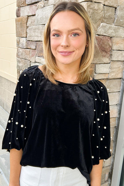 Chic Women's Black Velvet Top with Pearl Beading - Elegant Half Sleeve Design for Casual or Evening Events