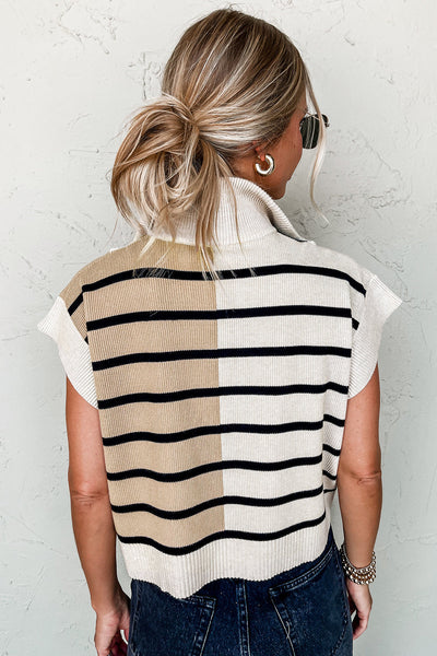 Women's Cozy Black Stripe Colorblock Quarter Zip Sweater Vest - Stylish Layering Piece for Casual Outfits
