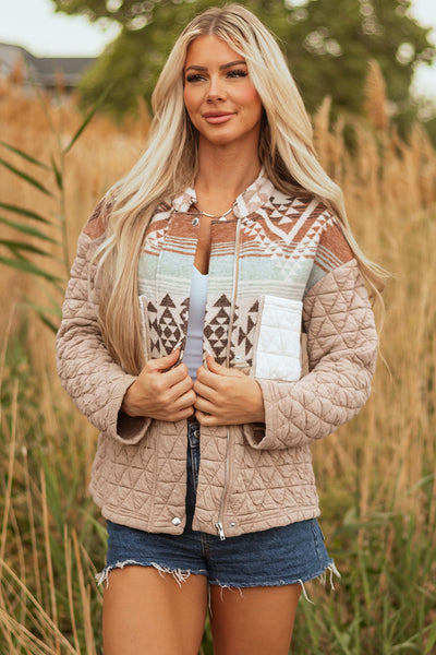 women's stylish women's earth tone aztec quilted jacket - cozy layer for fall and winter casual outings with practical styling and dependable