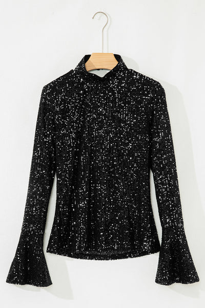 Chic Women's Black Sequin Mock Neck Top with Draped Open Back & Bell Sleeves Perfect for Elegant Evenings Out