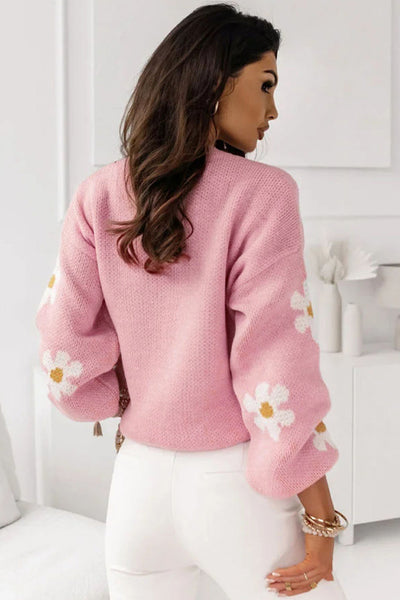 Trendy Women's Pink Floral Drop Shoulder Sweater - Cozy Knit for Effortless Casual Style and All-Day Comfort