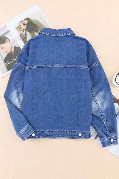 Women's Relaxed Fit Blue Denim Jacket with Chest Pockets and Drop Shoulder for Effortless Casual Style