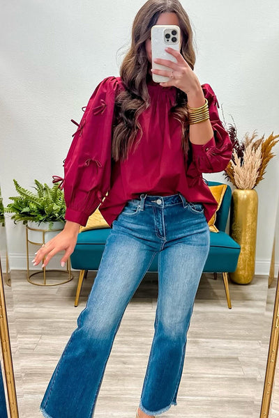 Elegant Women's Red Dahlia Long Sleeve Blouse with Frilled Neck and Bow Detail Perfect for Casual and Formal Occasions