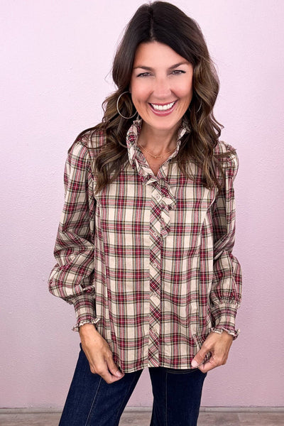 Trendy Women's Apricot Plaid Puff Sleeve Shirt with Frilled Collar Chic Casual Top for Everyday Fashion