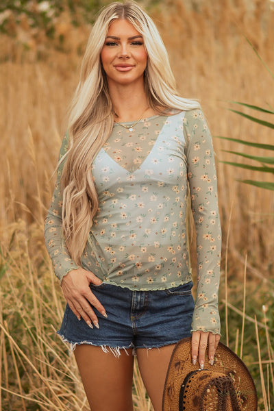 Women's Lightweight Floral Mesh Long Sleeve Top - Chic Spring/Summer Style for Effortless Casual Outfits