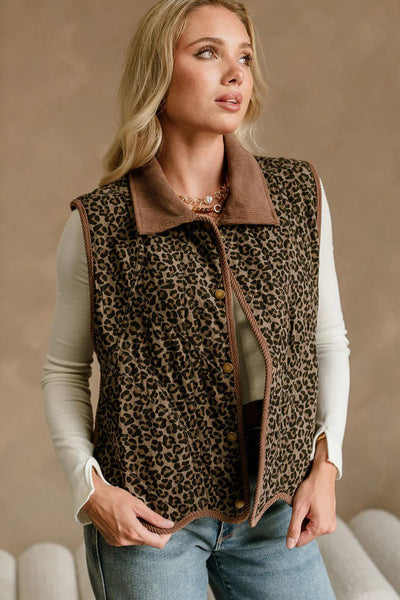 Women's Khaki Leopard Print Patchwork Vest with Corduroy Trim and Contrast Collar Stylish, Casual Layering Piece made for easy styling and wardrobe