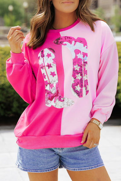 Trendy Women's Pink Color Block Sequined Cowgirl Sweatshirt - Casual Chic Style for Ultimate Comfort and Fashion