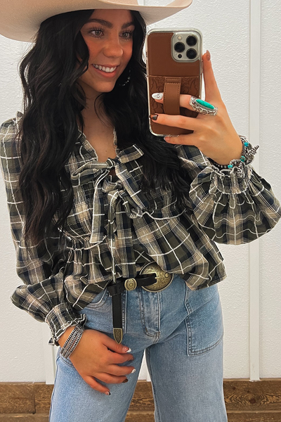 Stylish Women's Black Plaid Blouse with Ruffle Trim and Front Tie - Comfortable Everyday Top for Effortless Chic