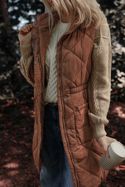 Women's Coffee Longline Quilted Puffer Vest with Stand Collar - Stylish and Warm Outerwear for Fall and Winter
