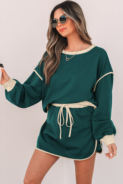 Chic Women's Evergreen Color Block Pullover & Lace-Up Waist Skort Set - Casual, Comfortable Everyday Outfit