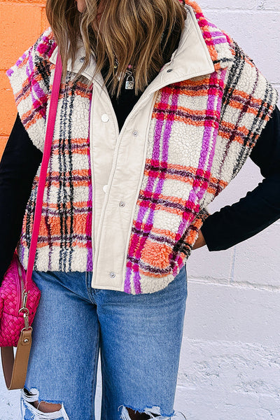 Women's Plaid Sherpa Short Sleeve Vest in Pink and Orange