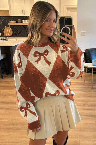 Cozy Women's Orange Bow Print Two-Tone Knit Sweater - Relaxed Fit for Effortless Everyday Style