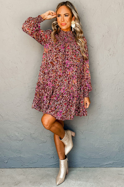 Women's Effortless Style Red Floral Mini Dress with Long Sleeves, Shirred High Neck, and Relaxed Fit for Any Occasion
