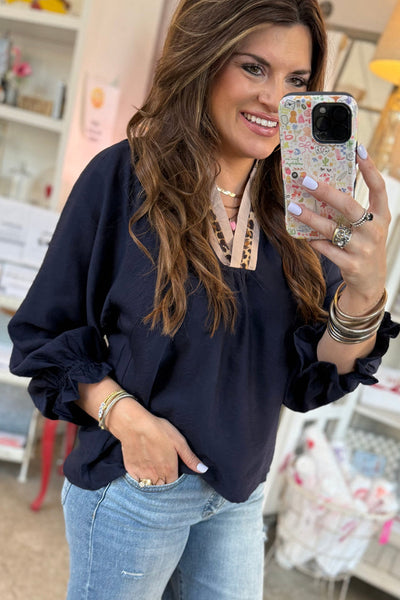 Plus Size Women's Navy Blue Leopard Print Blouse with Flounce Sleeves and Elegant Collar for Trendy Style