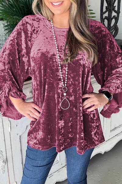 Elegant Red Dahlia Velvet Crew Neck Top with Pagoda Sleeves for Women - Chic, Stylish Fit for Any Occasion
