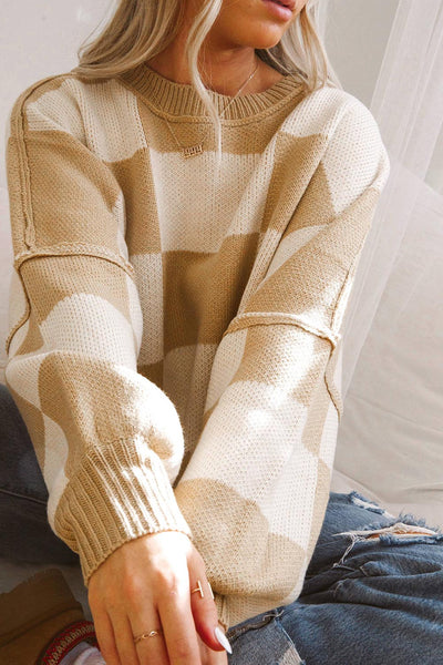Cozy Women's Khaki Checkered Bishop Sleeve Sweater - Trendy Knit Top for Fall Fashion & Casual Outings