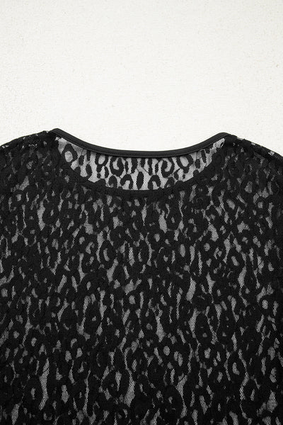 Women's Black Leopard Print Sheer Mesh Long Sleeve Blouse - Trendy, Lightweight, Perfect for Layering and Styling