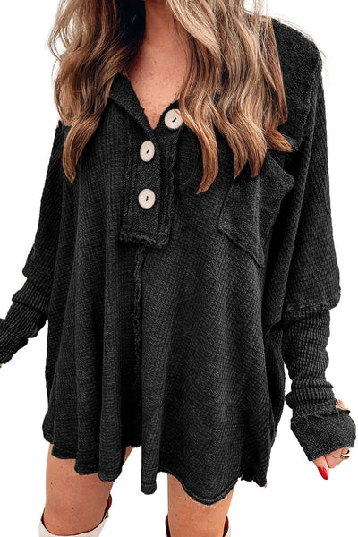 Casual Chic Women's Black Waffle Knit Long Sleeve Button-Up Top for Cozy Everyday Comfort and Effortless Style