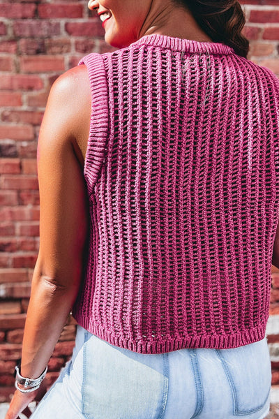 Women's Meadow Mauve Knitted Sweater Tank Top with Ribbed Trim & Chic Hollow Out Details for a Trendy Look