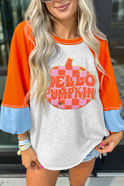 Women's Hello Pumpkin Colorblock Raglan Tee with Retro Graphic